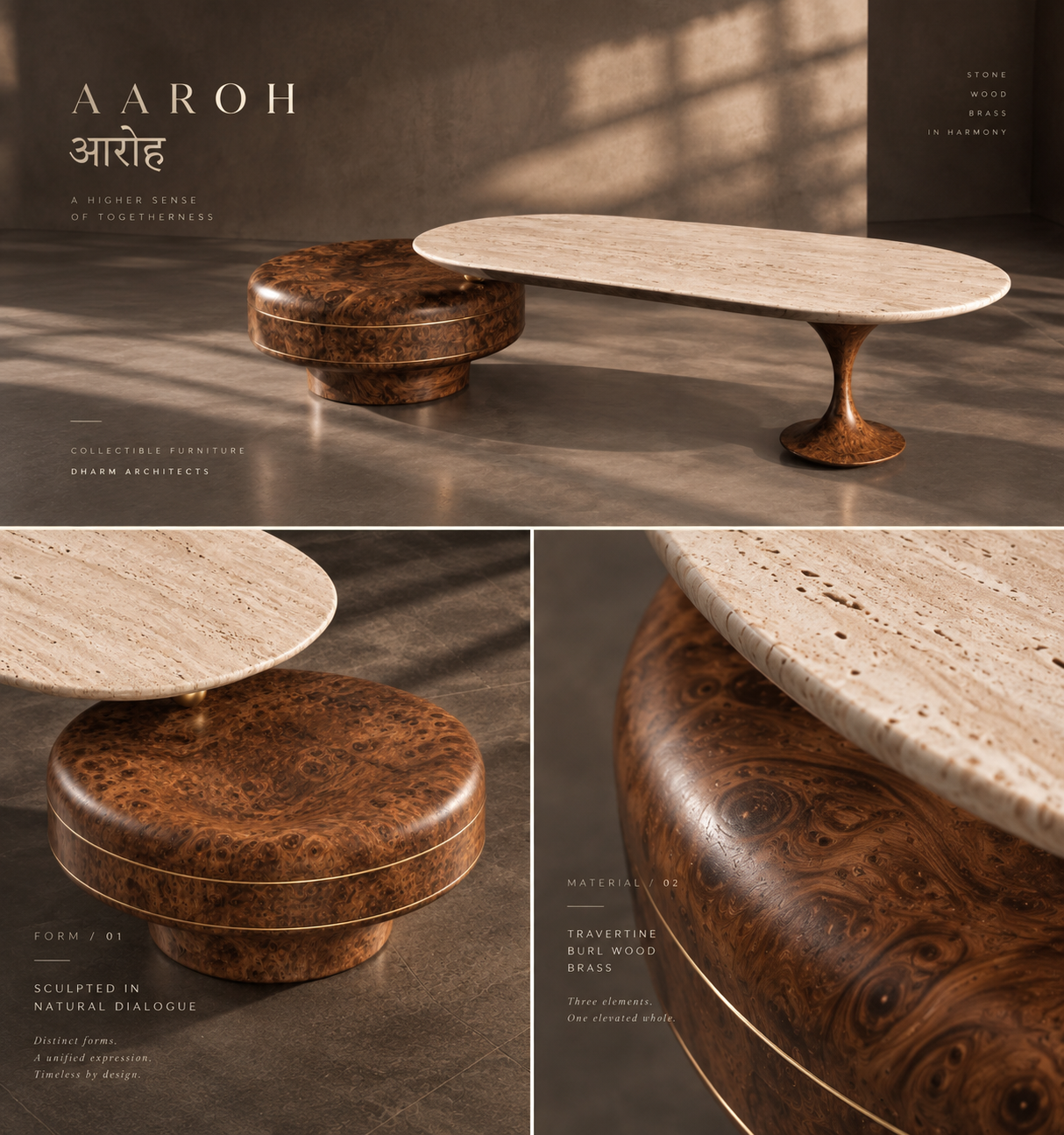 AAROH furniture presentation with a travertine tabletop, burl wood forms and brass details