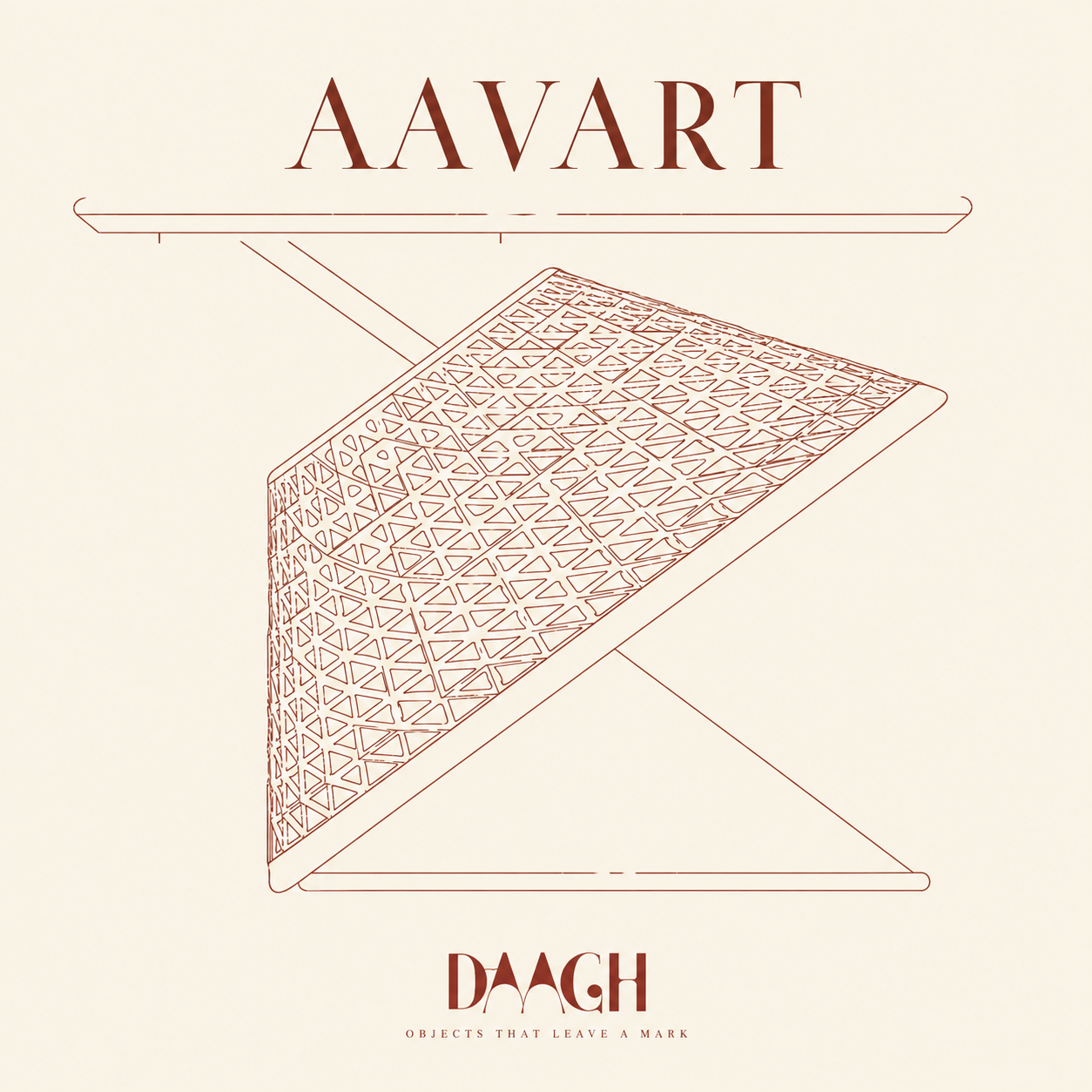 AAVART line drawing showing an angular furniture form and patterned wooden surface
