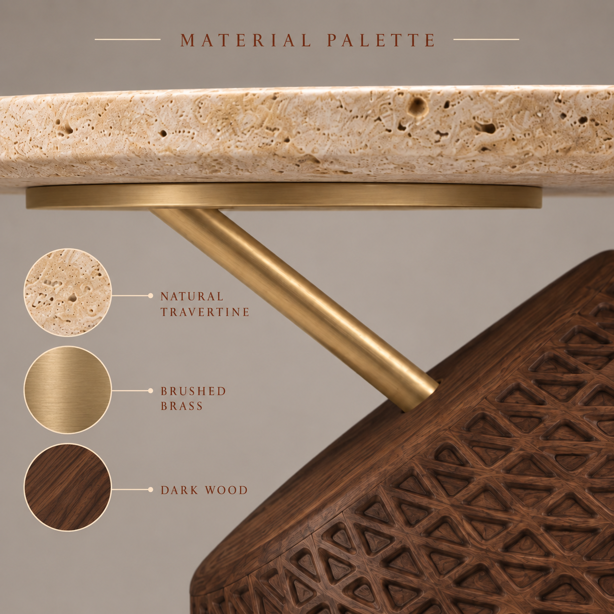 AAVART material palette: natural travertine, brushed brass and dark wood